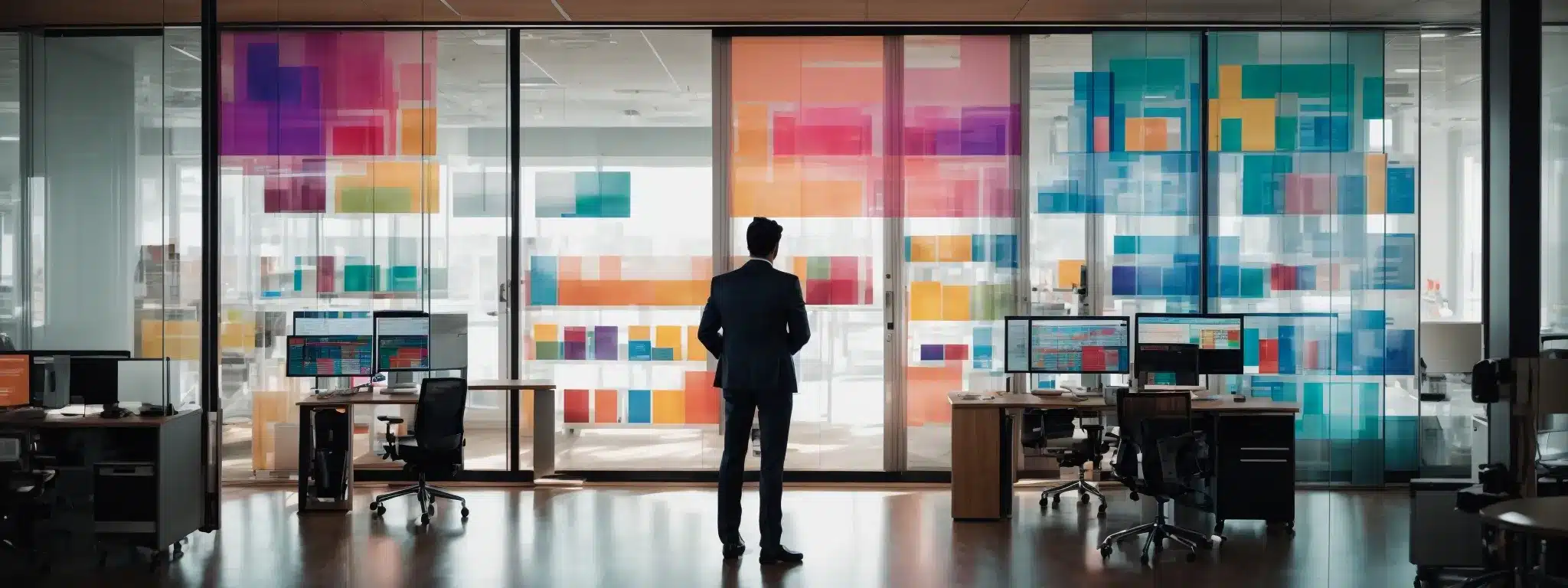 A Person Silhouette Opening Large Double Doors Into A Bright, Organized Office Space With Multiple Computer Screens Displaying Colorful Graphs And Charts.