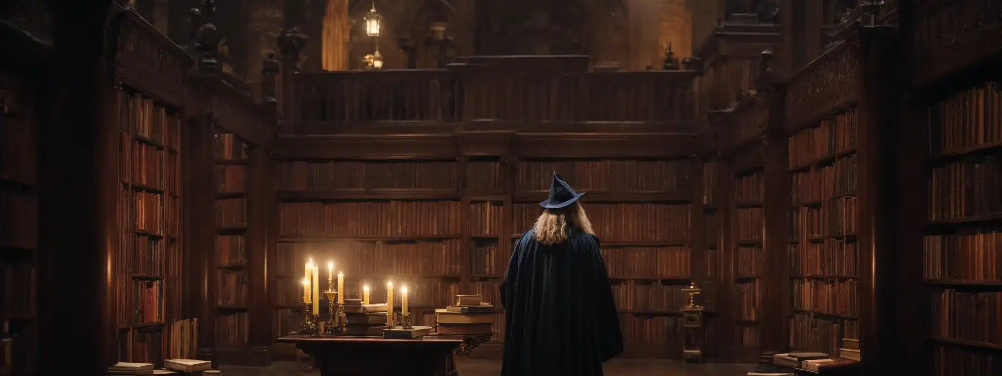 A Wizard Stands Before A Grand Library With Books Symbolizing Website Components, Each Glowing With A Potential Upgrade Spell.