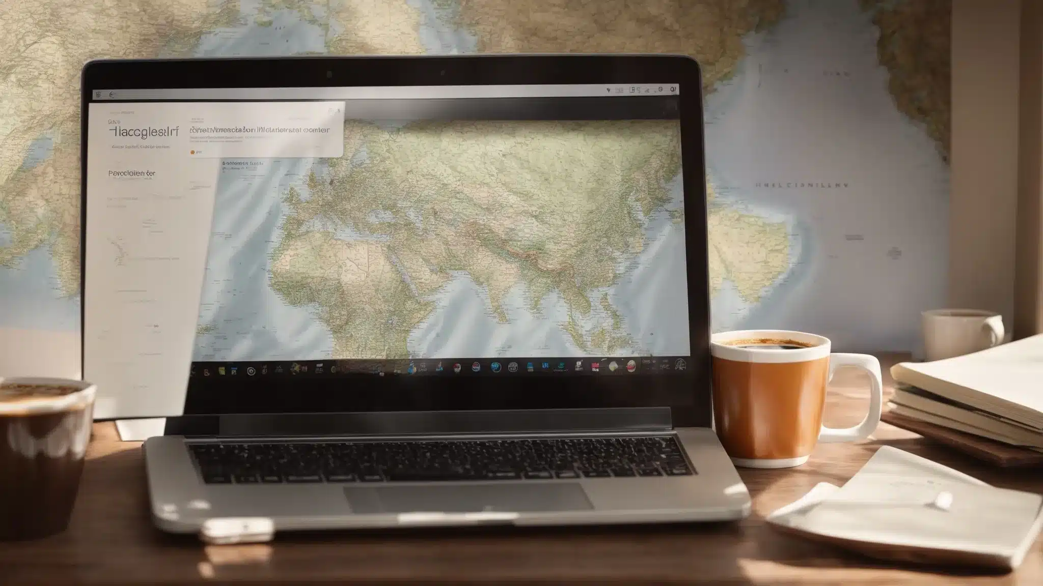 a laptop on a desk displaying a map with location markers alongside a cup of coffee and a smartphone showing search results.