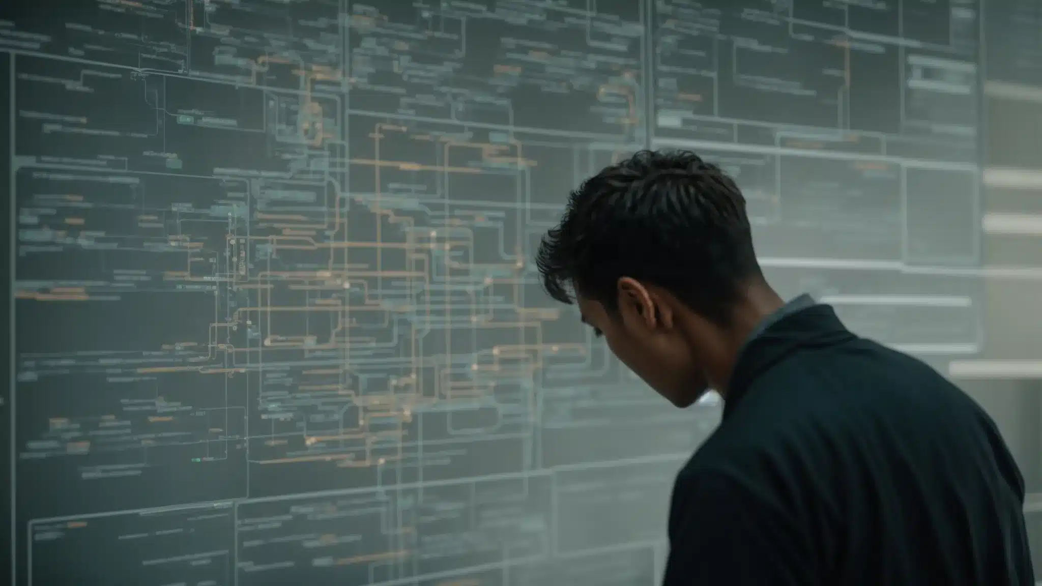 A Close-Up Of A Person Examining A Complex Flowchart With Various Connected Keywords And Geographic Markers On A Digital Screen.