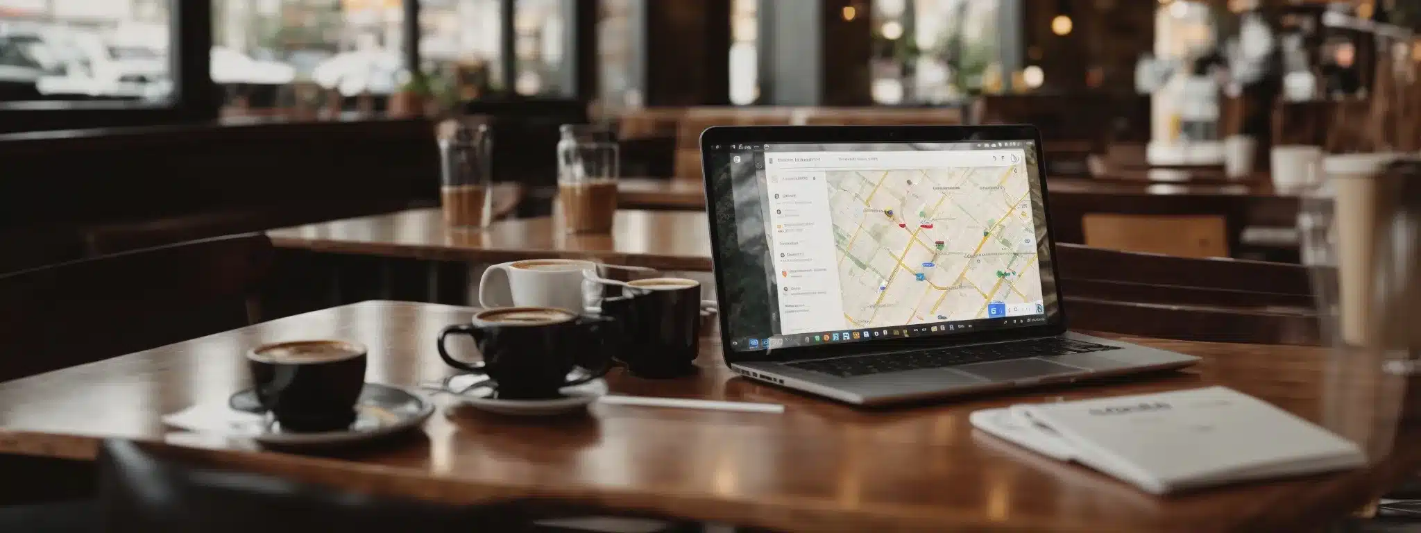 A Laptop With A Google Map Displaying Local Business Pins On A Cafe Table, With A Cup Of Coffee Beside It.