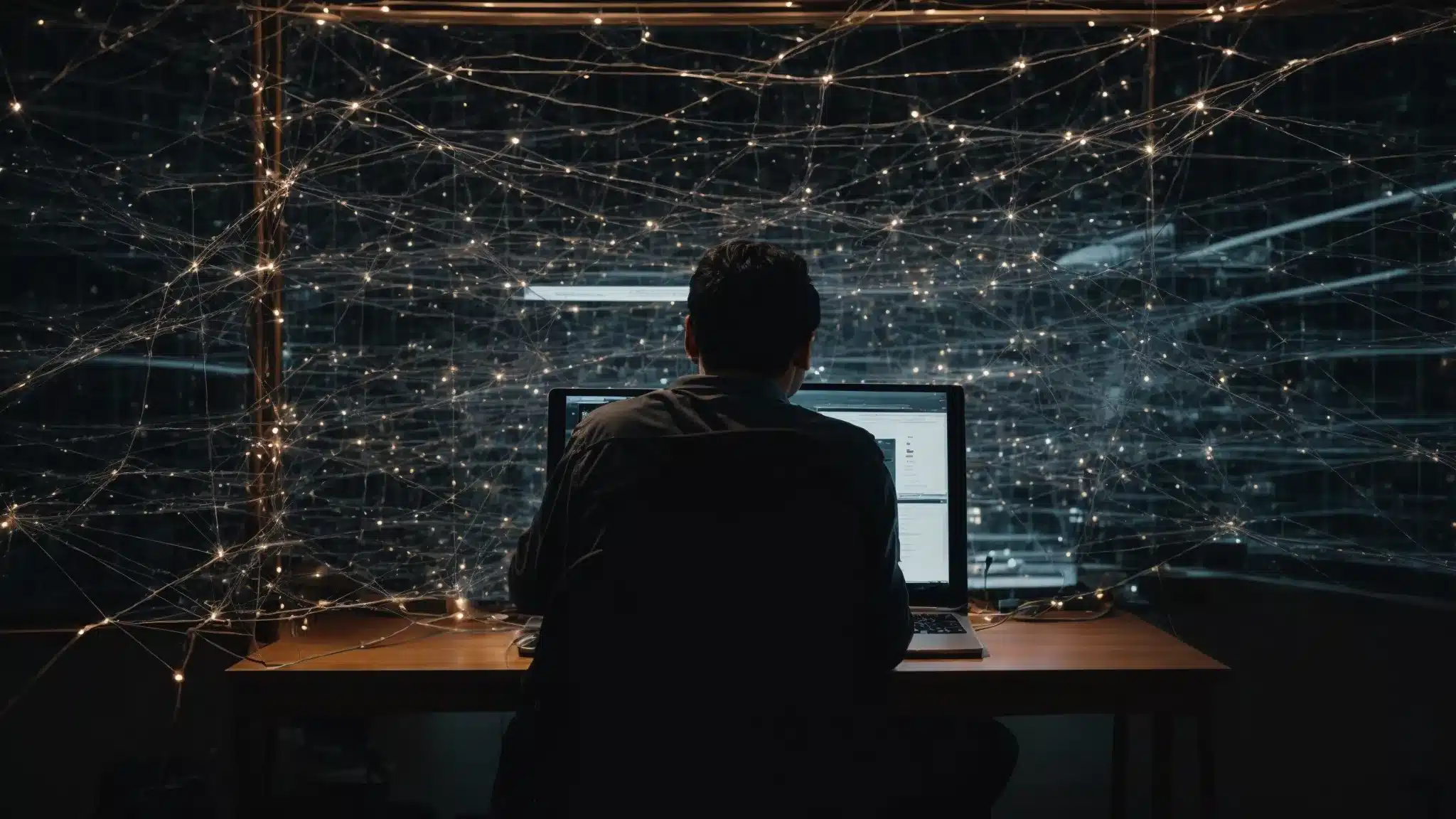 A Person Sitting At A Computer, Looking At A Web Page With Various Connected Nodes Representing Local Websites.