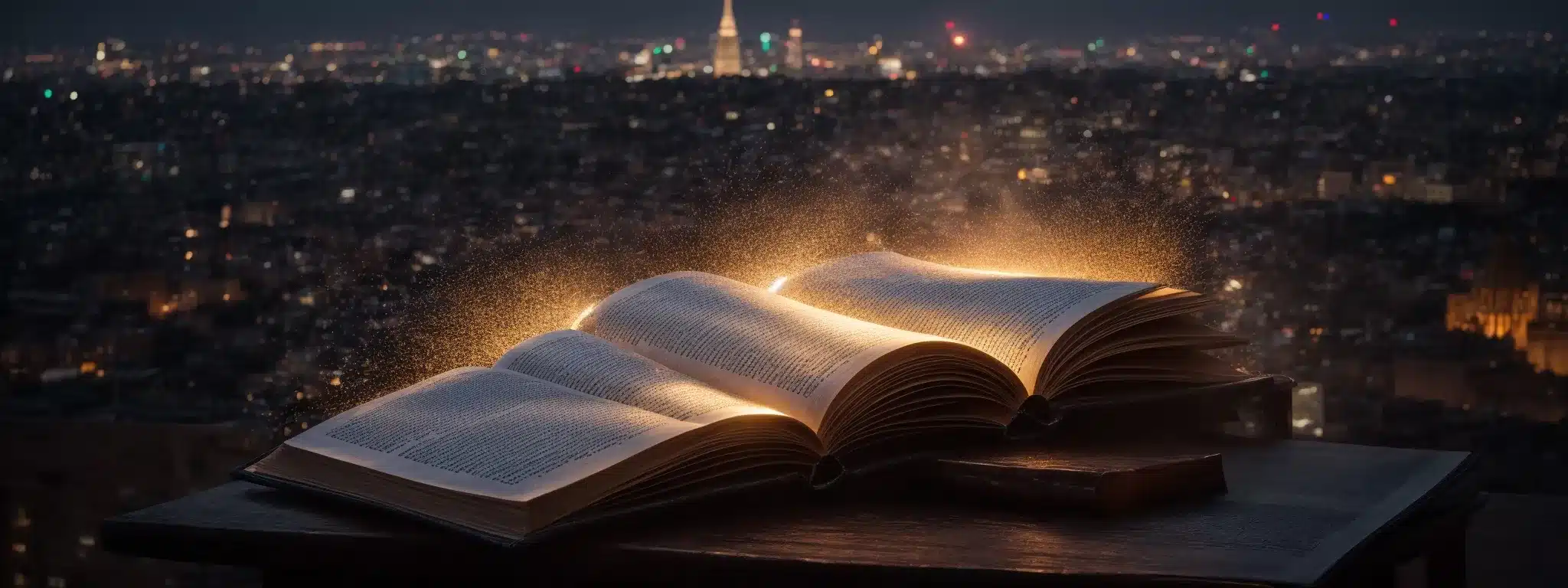 A Spotlight Illuminates An Open Book With Mystical Symbols Glowing Along Its Pages Against The Backdrop Of A Digital Cityscape At Dusk.