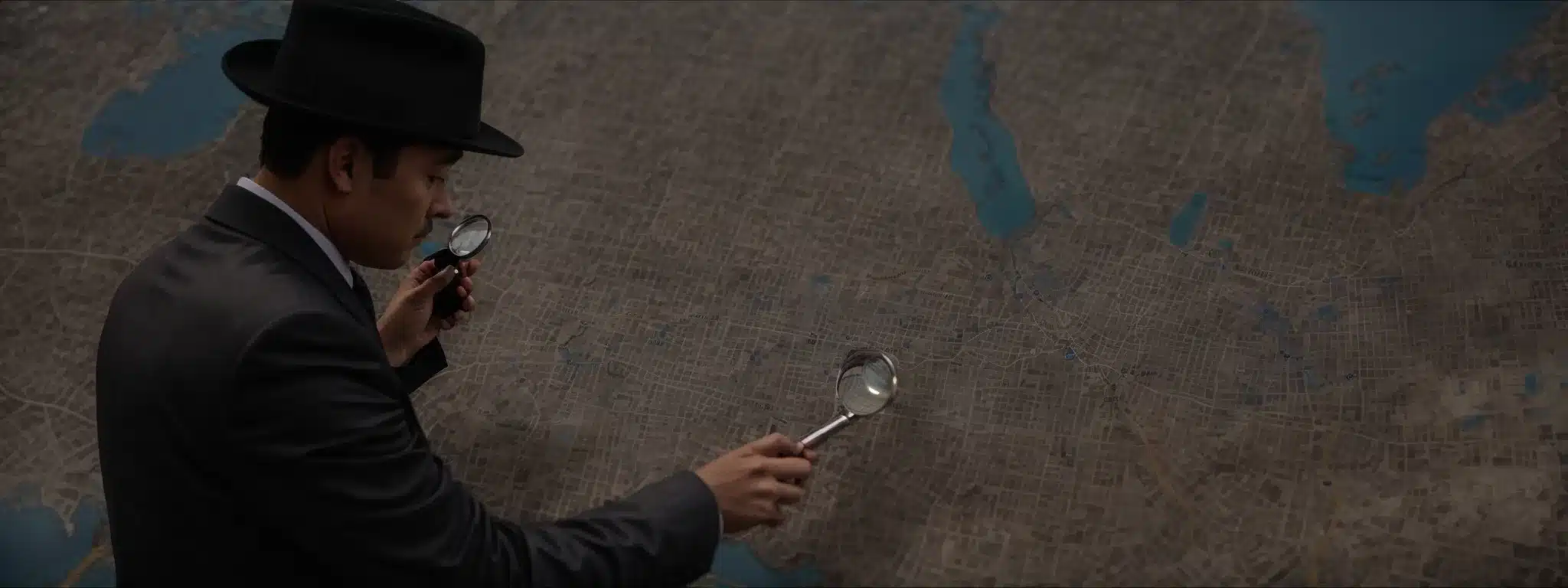 A Detective With A Magnifying Glass Leaned Over A Map Of New York City, Symbolizing The Strategic Search For Local Seo Keywords.