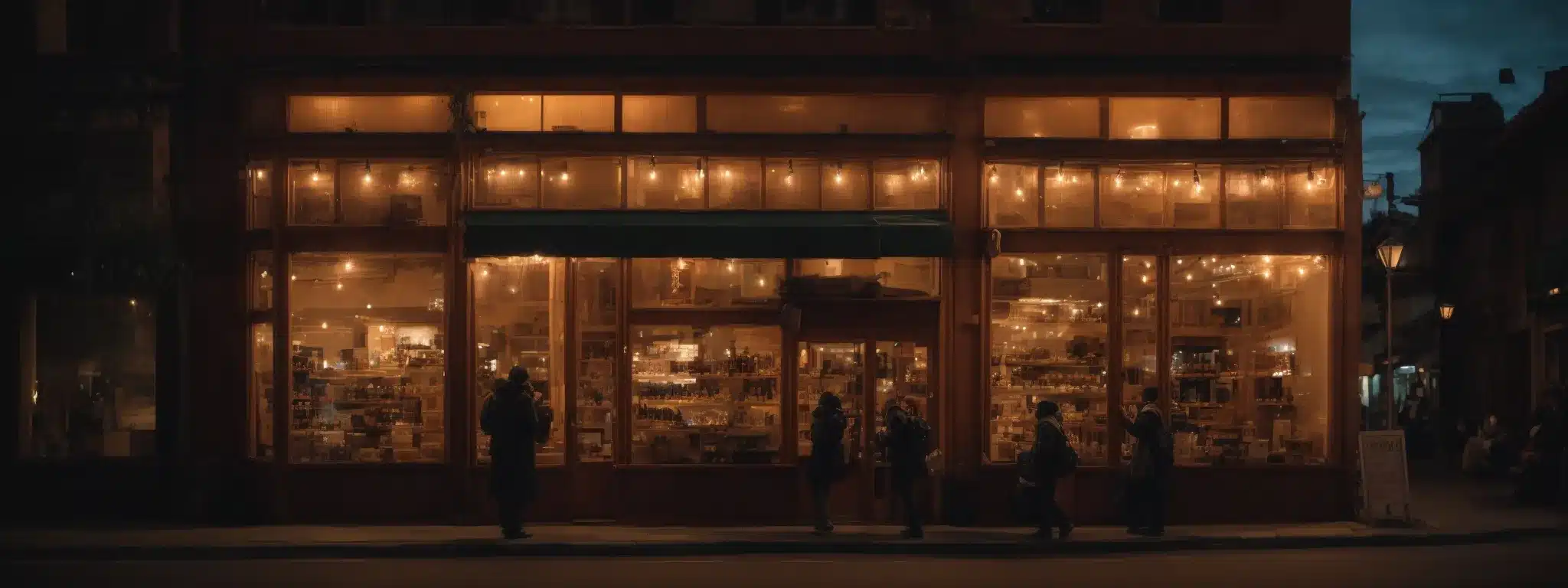 A Bustling Local Storefront Illuminated In The Evening, Inviting Passersby With Its Warm Glow.