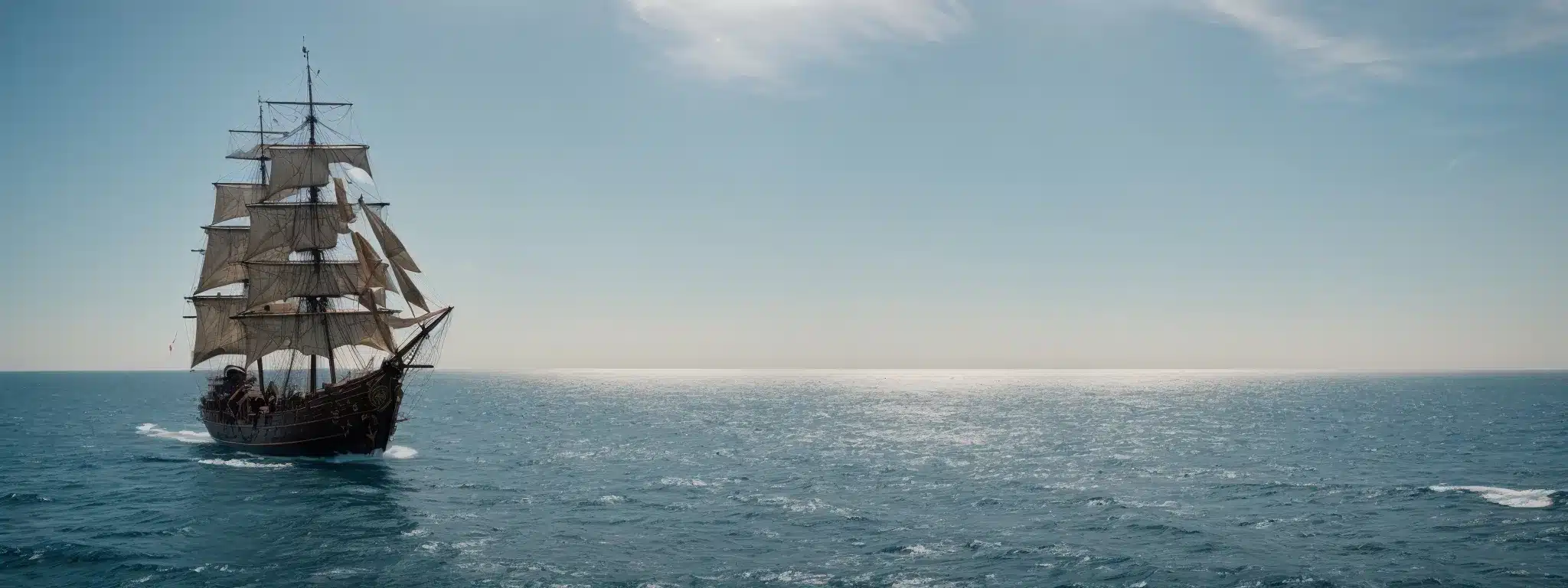 A Pirate Ship Sets Sail On A Calm Ocean Towards A Bustling Coastal City Under A Clear Blue Sky.