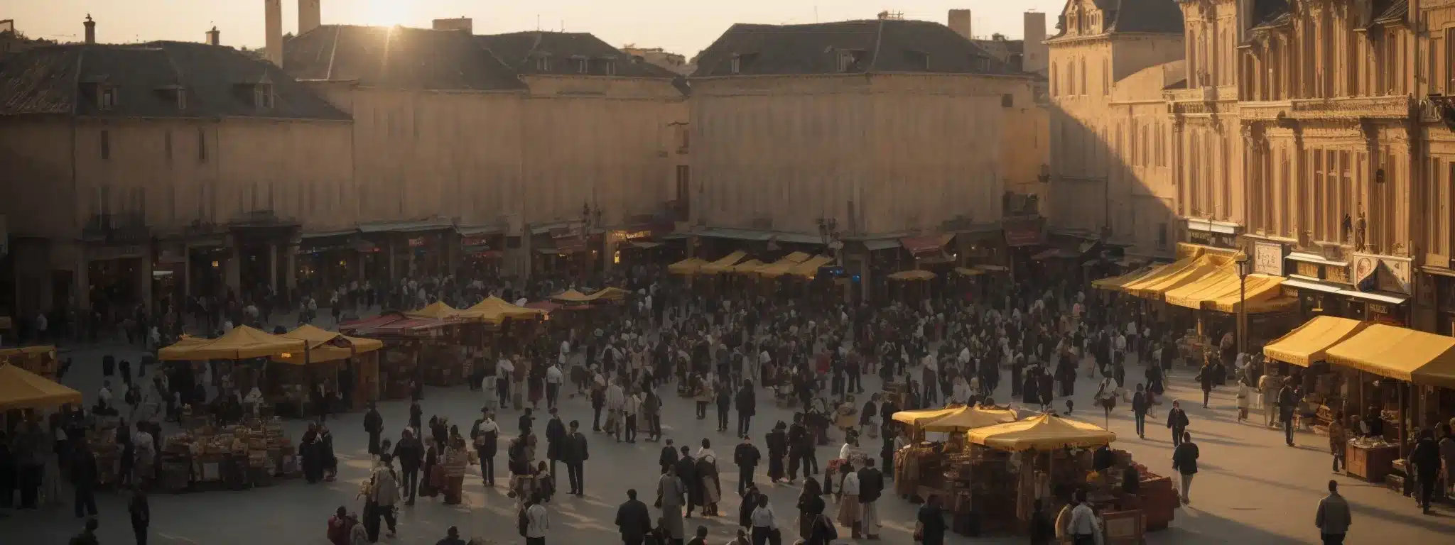 A Bustling Town Square With Shops And Pedestrians, Basking In The Golden Glow Of A Setting Sun.