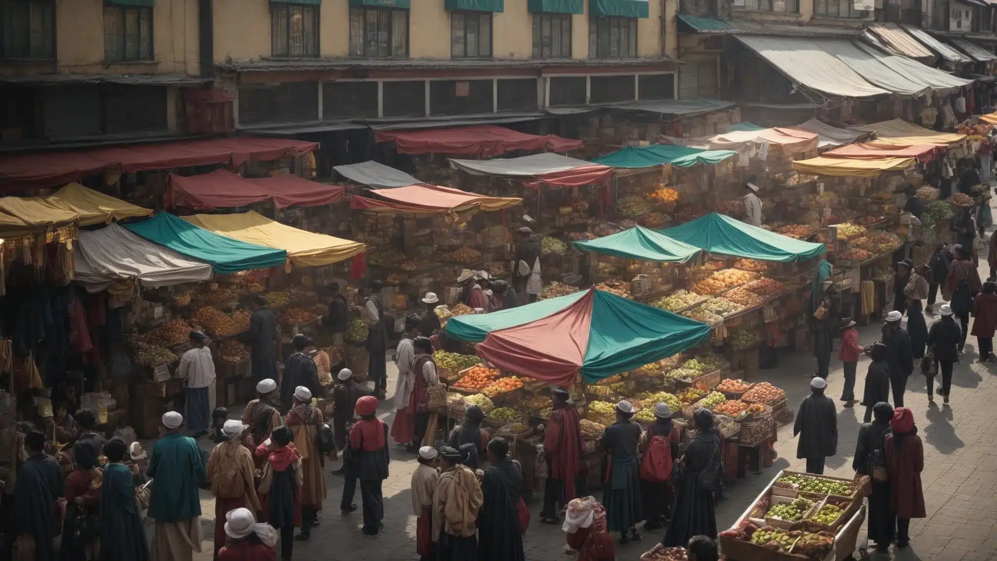 a bustling local market with a variety of colorful storefronts drawing in a diverse crowd of shoppers.