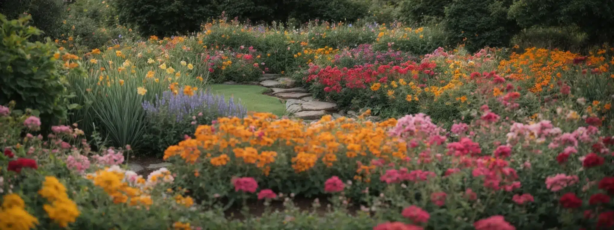 A Picturesque Garden With Vibrant, Diverse Flowers Neatly Arranged In Rich Soil.