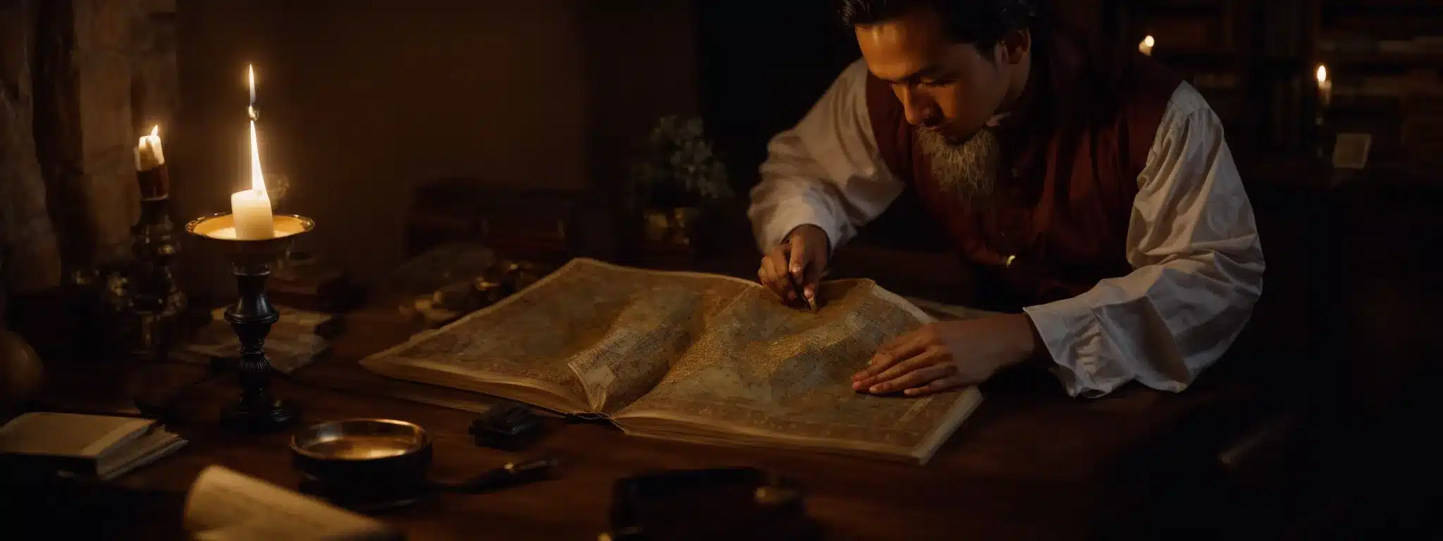 A Scholar Pouring Over Ancient Maps And Tomes In A Candlelit Study, Drawing Circles Around Specific Areas And Making Strategic Notes.