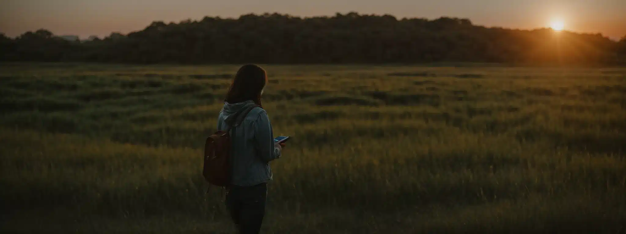 A Person Speaks Into A Smartphone While Strolling Through An Open Field At Sunset.