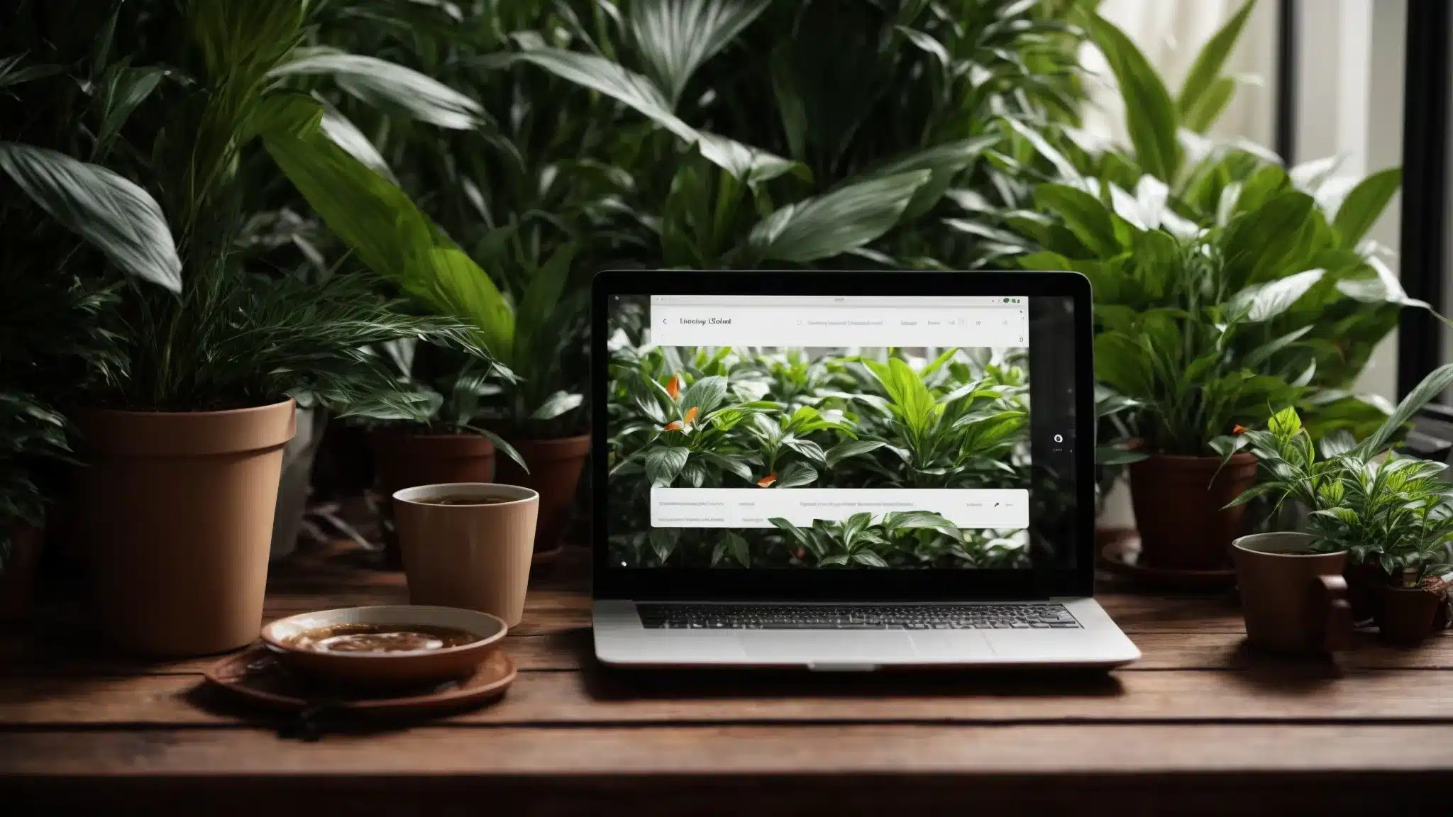 a laptop with an open search engine page amidst potted plants and a coffee cup on a wooden desk.