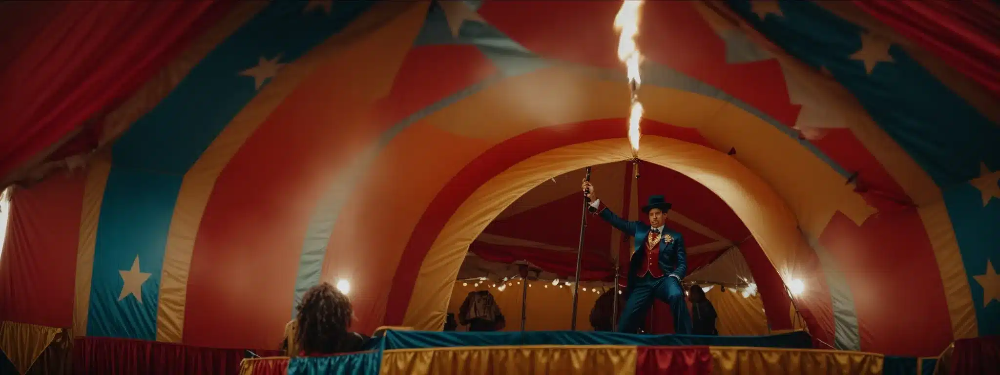A Scene With A Ringmaster In A Colorful Circus Tent, Poised To Jump Through A Large Fiery Hoop In The Center Of The Ring.
