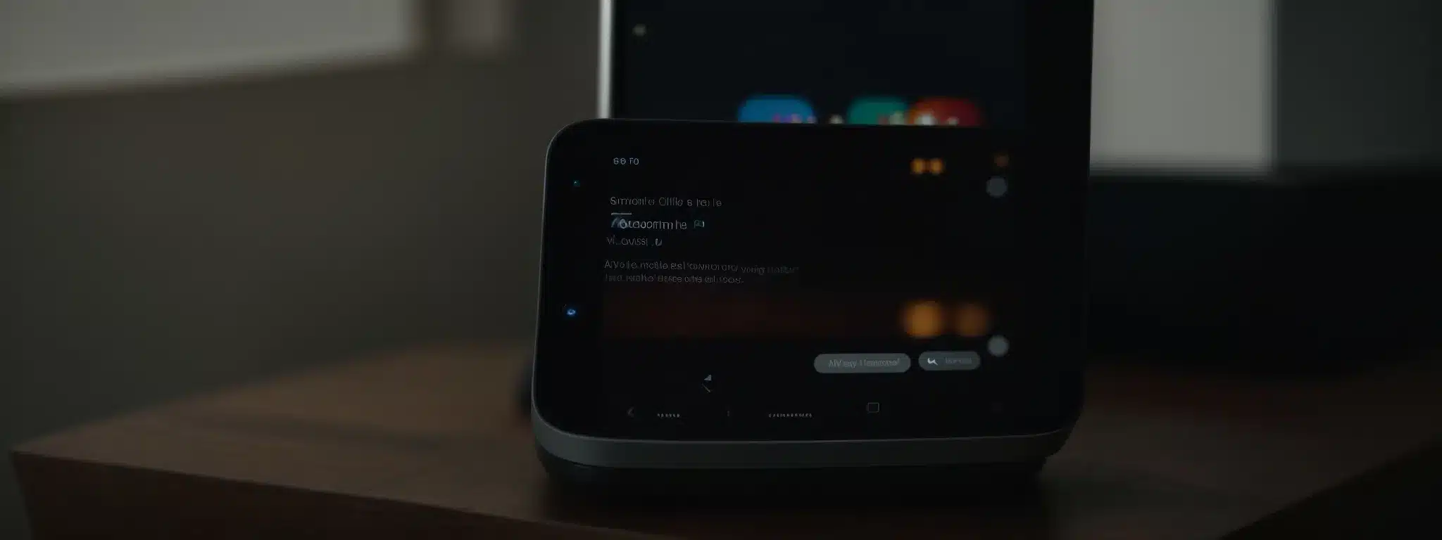 A Smartphone Displaying A Search Interface Rests On A Table Next To A Smart Speaker.
