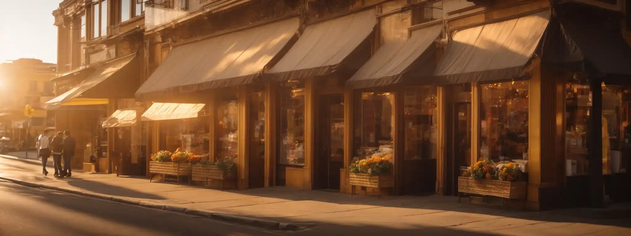 A Storefront Gleaming Under The Golden Hour Sun, Inviting Online Passersby With Its Warm Glow And Display.