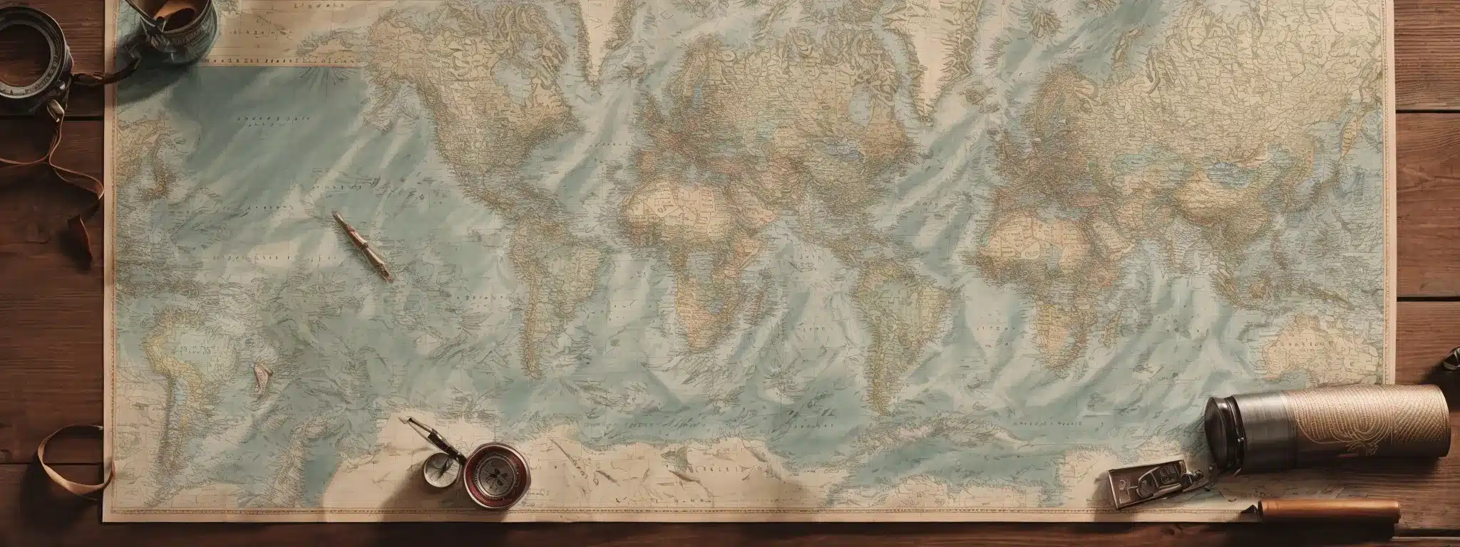 A Nautical Map Sprawled On A Wooden Table, Highlighting Coastal Landmarks And Charting Tools.