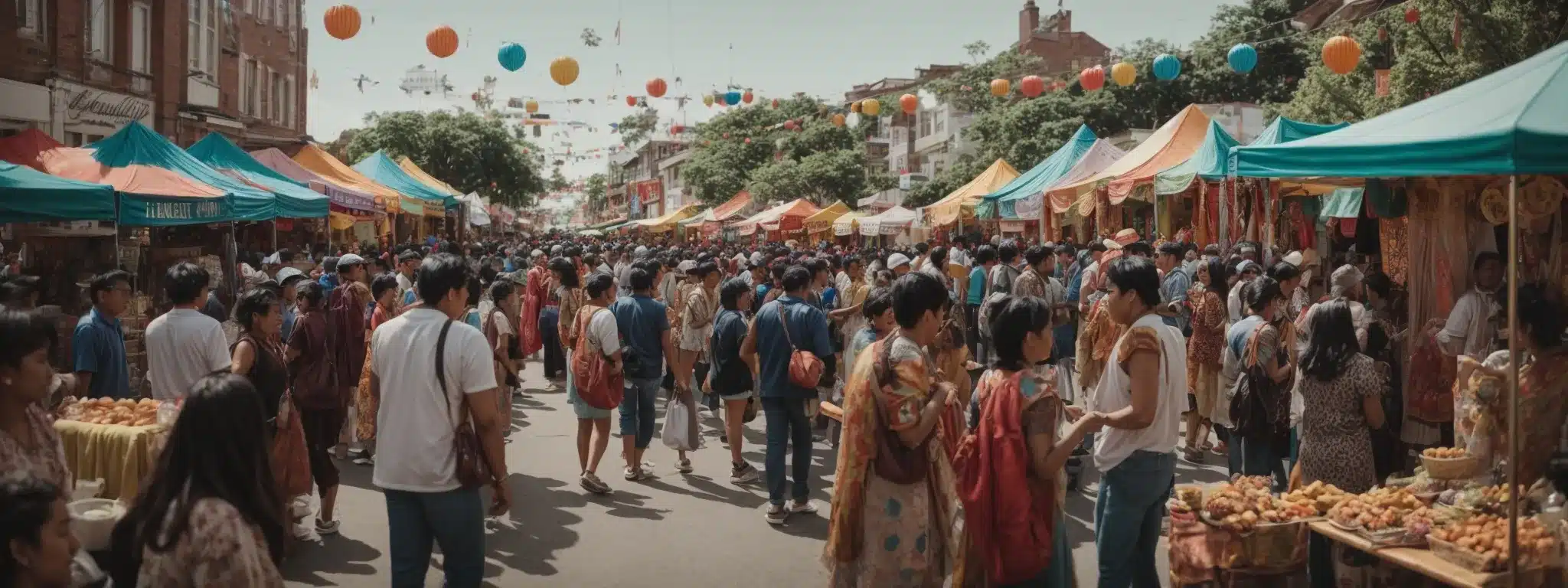 A Bustling Local Street Fair With Diverse Stalls And A Vibrant Crowd Engaging In Activities.