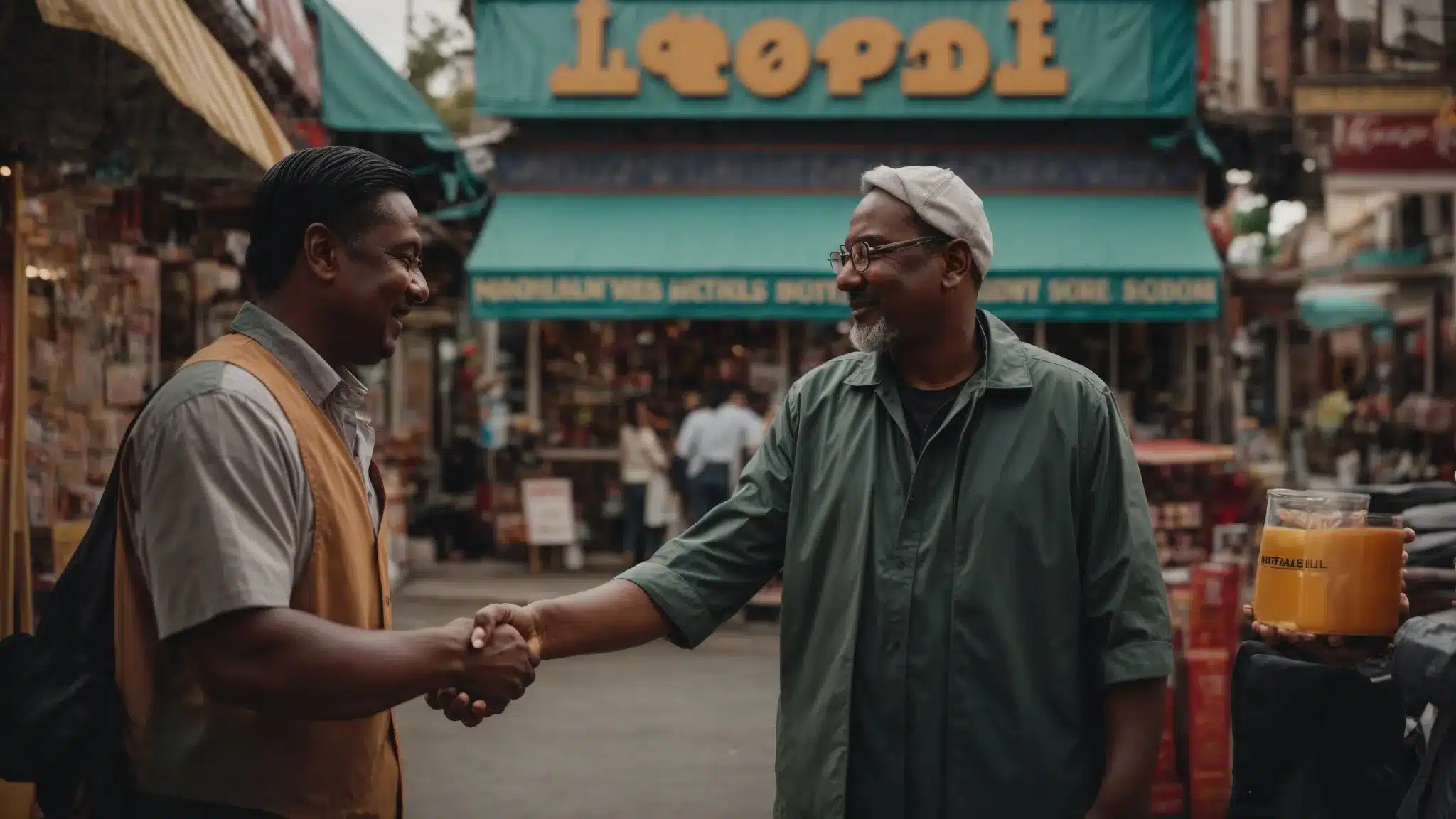 A Local Business Owner Shakes Hands With A Neighboring Shop Owner Against A Backdrop Of Vibrant Small Businesses Lining A Bustling Street.