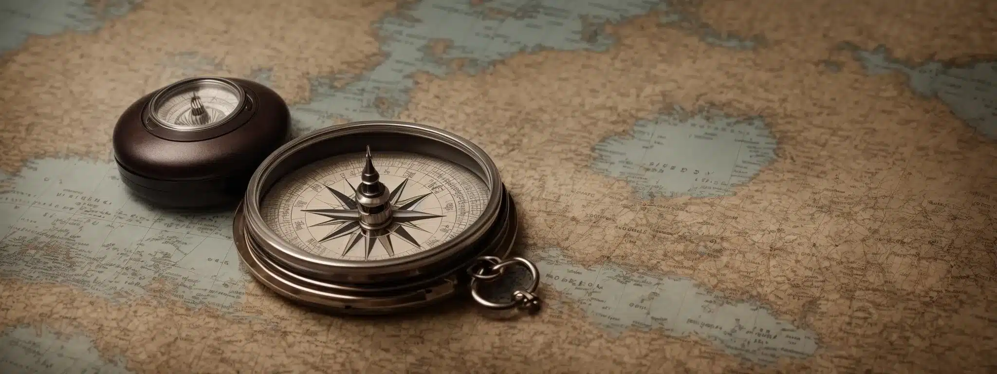 A Classic Compass Resting On A Weathered Map Amidst Navigation Tools, Symbolizing The Journey Through Local Seo With Schema Markup.