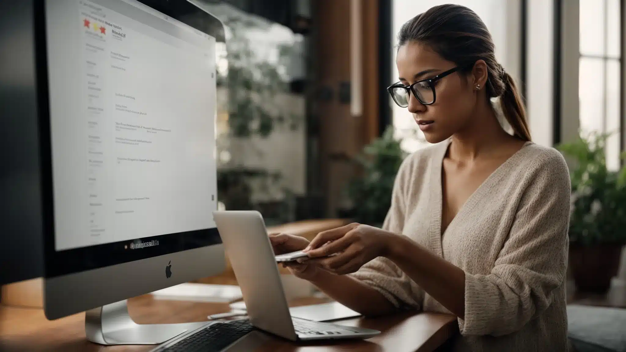 a local business owner reviews her laptop showing a graph of increasing customer reviews and search engine ranking.