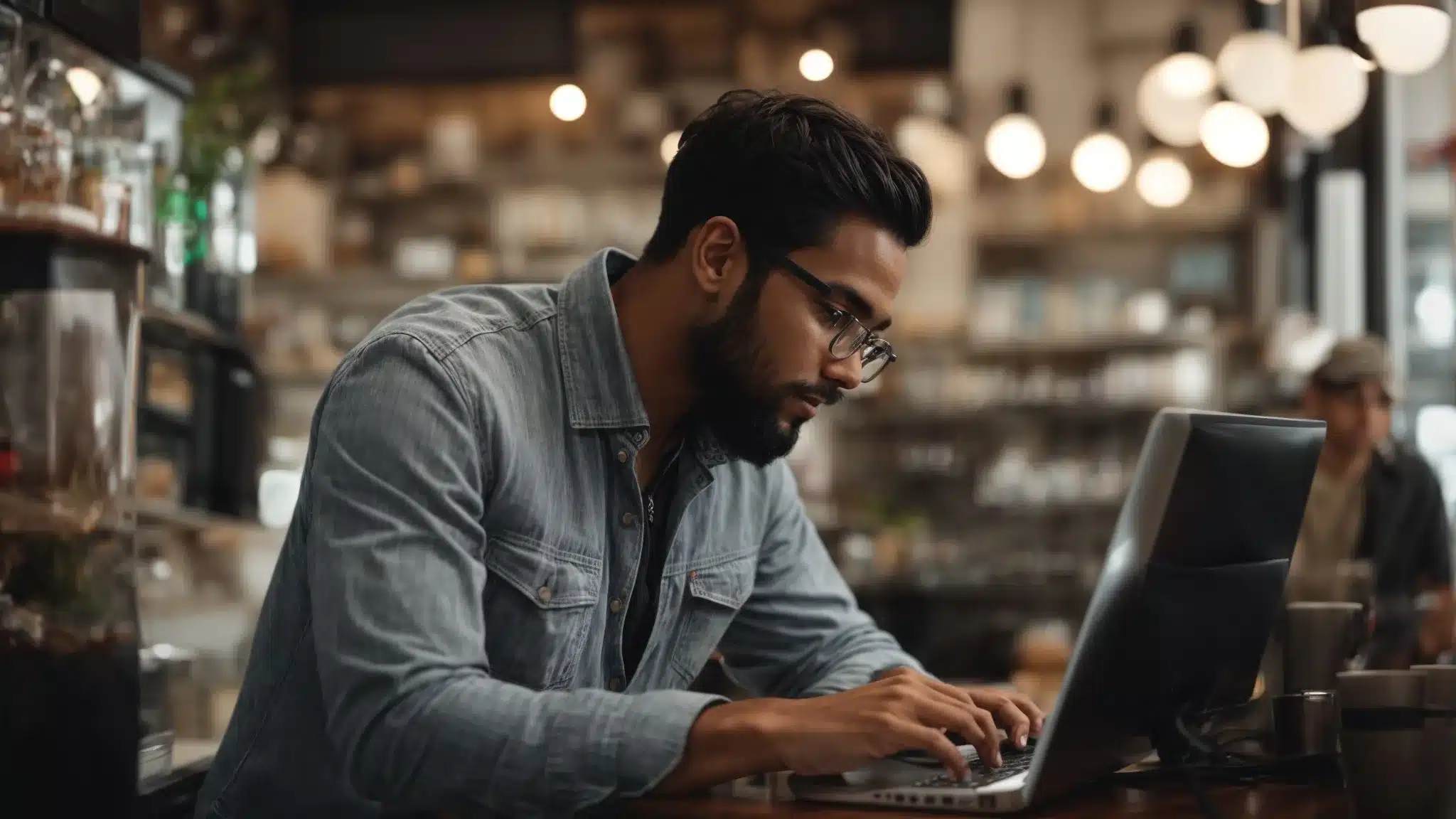 a local business owner optimizes his shop’s online presence on a computer in a bustling small cafe.