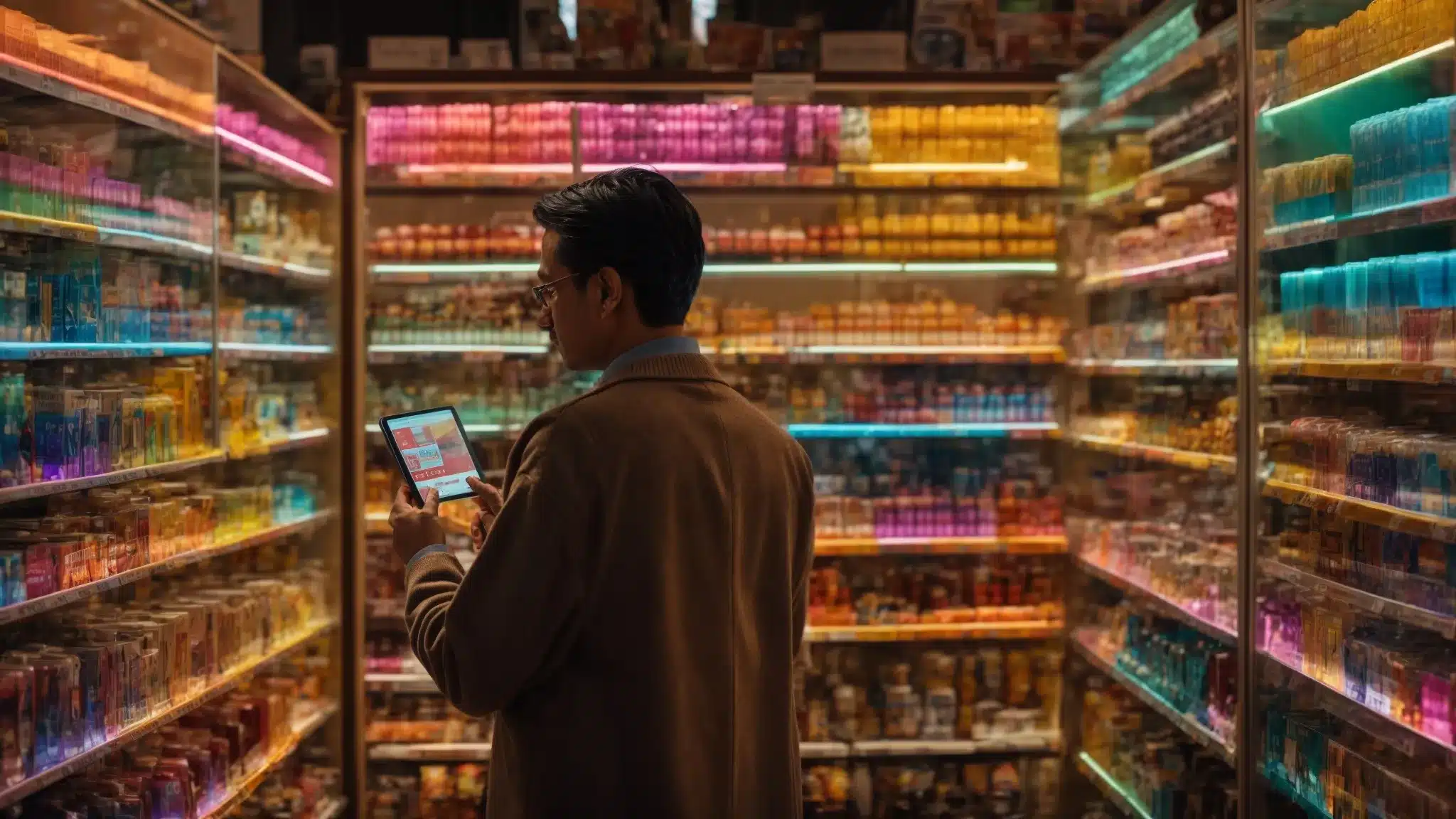 A Local Shopkeeper Consults A Tablet Displaying Colorful Analytics Graphs Amidst A Vibrant Array Of Products On Shelves.