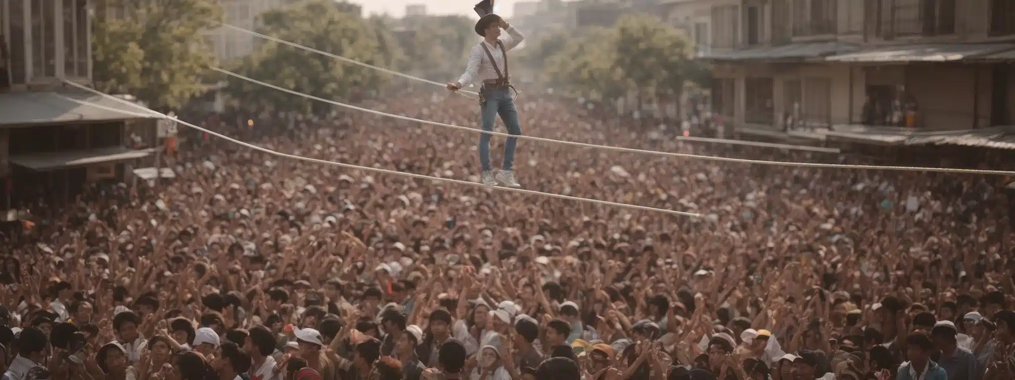 A Tightrope Walker Balances Delicately High Above A Cheering Crowd, Symbolizing The Precision Needed In Local Backlink Acquisition.