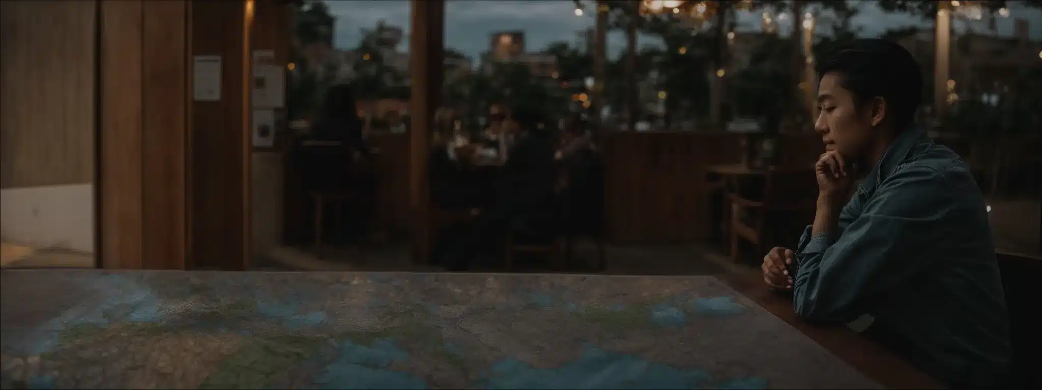 A Person Sitting At A Cafe, Contemplating A Map Spread Out On A Table In Front Of Them.