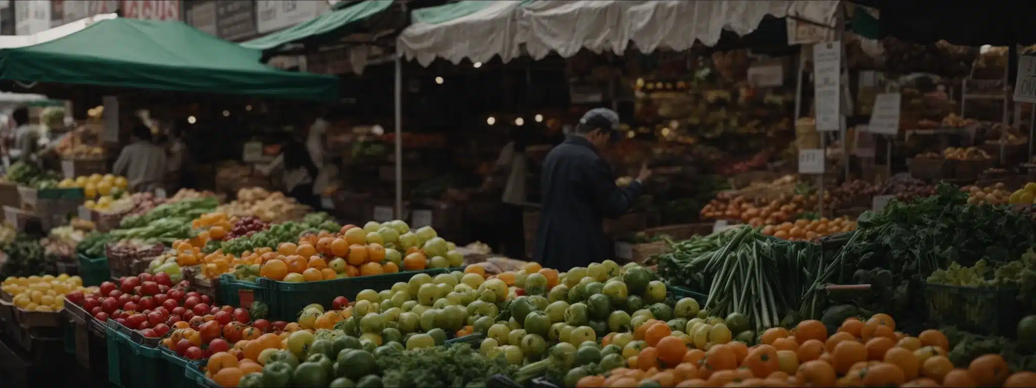 A Market Stall In New York With A Focused Vendor Surrounded By Fresh Produce, Symbolizing Tailored Local Seo Strategies.