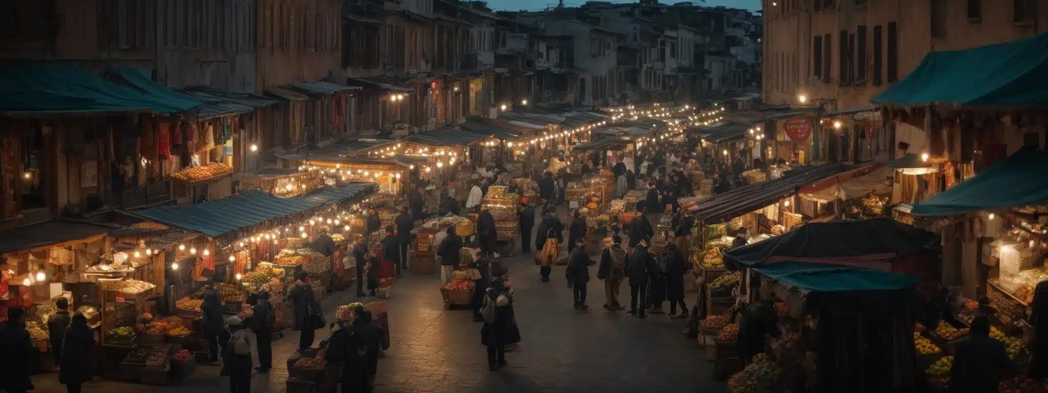 A Bustling Local Marketplace With Various Storefronts Illuminated By Spotlights At Dusk.