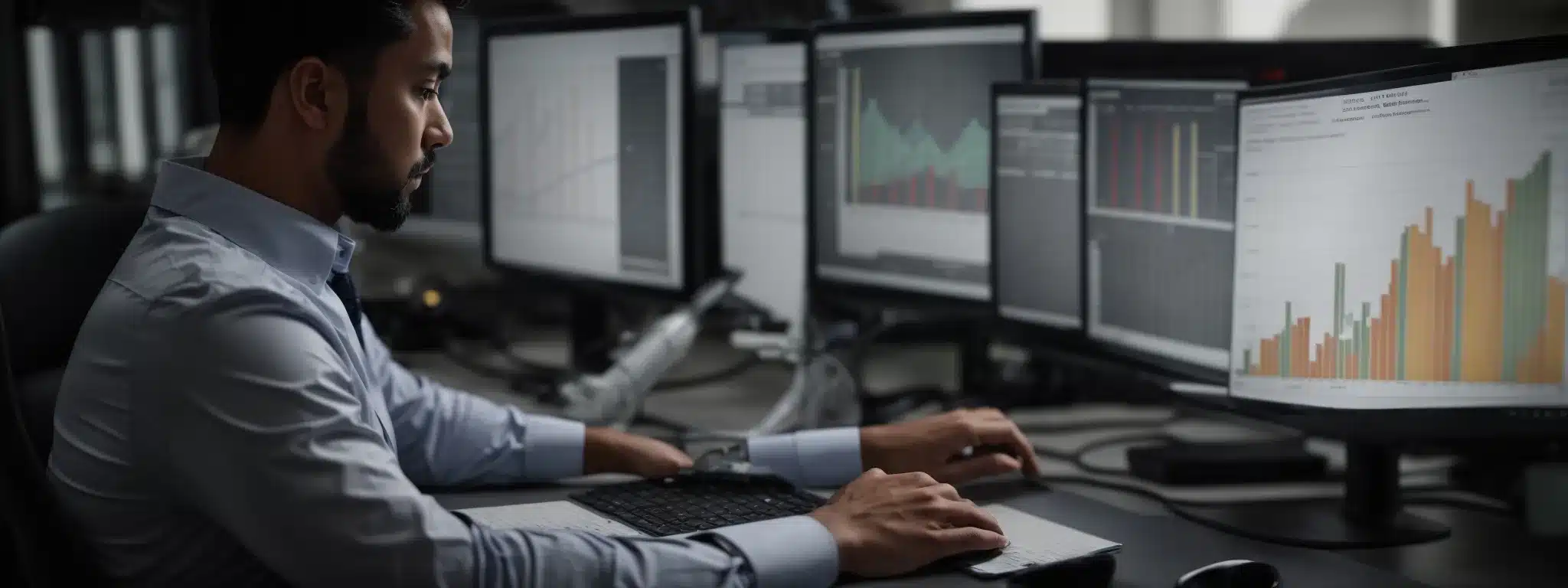 A Diligent Entrepreneur Is Analyzing Charts And Graphs On A Computer Screen, Reflecting The Analysis Of Business Performance Metrics.