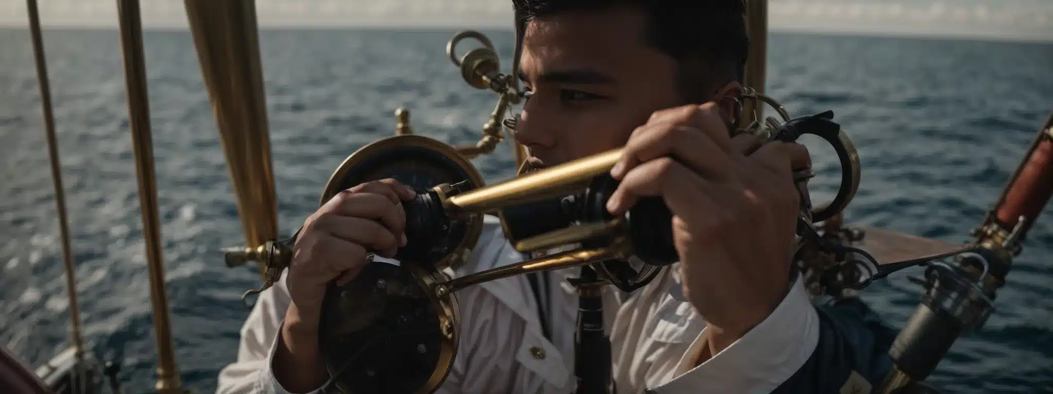 A Sailor Using A Brass Sextant By The Helm Of A Ship, With Open Waters Stretching To The Horizon.