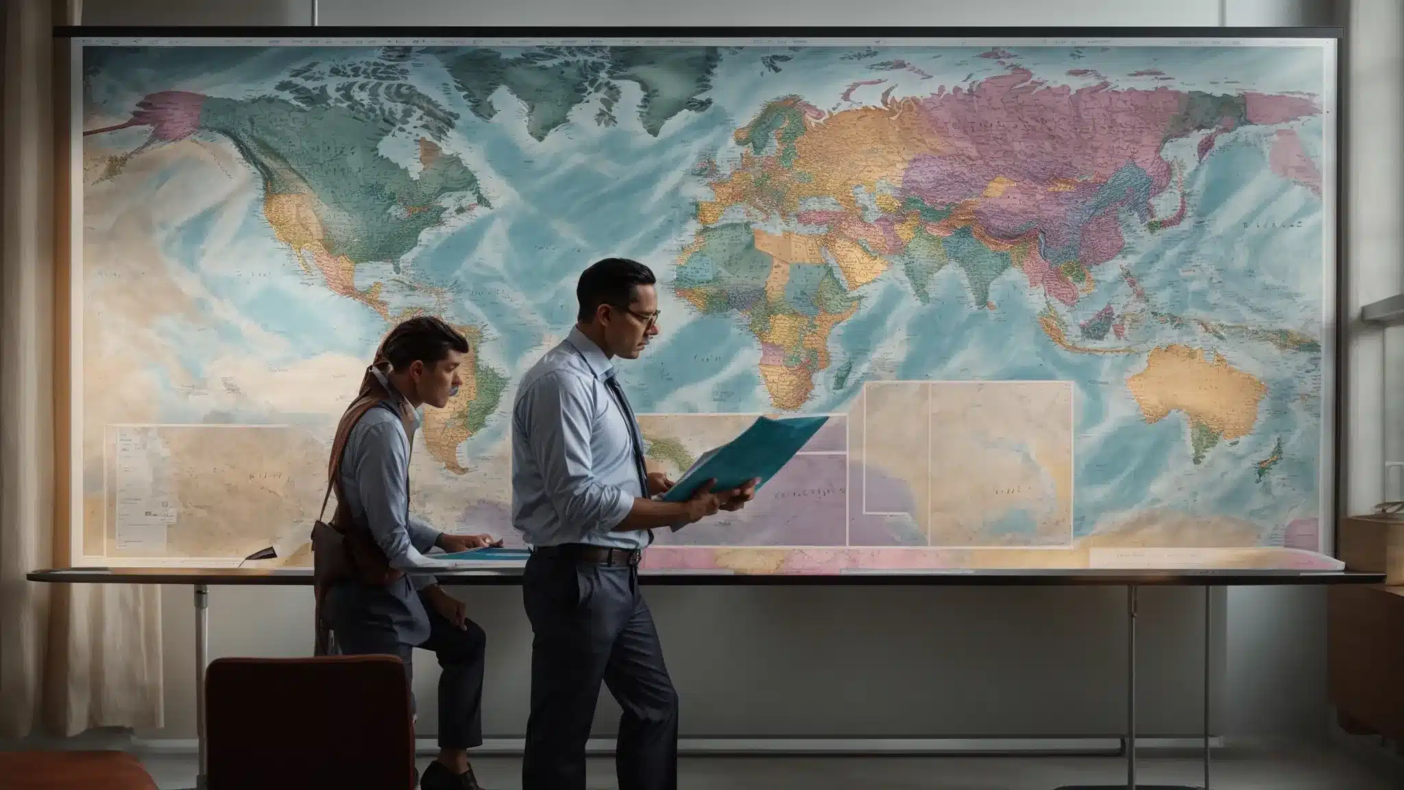Two Business Professionals Are Examining A Large Map And Colorful Graphs On A Screen, Highlighting Different Geographical Areas.