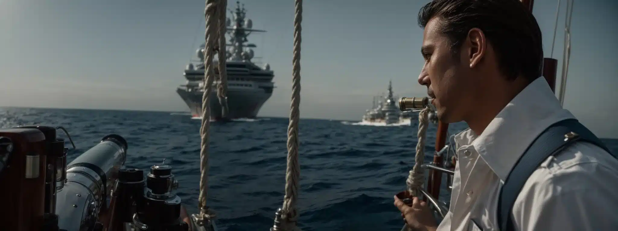 A Captain Gazes Through A Ship'S Periscope, Surveying Other Ships Sailing On The Vast Ocean.