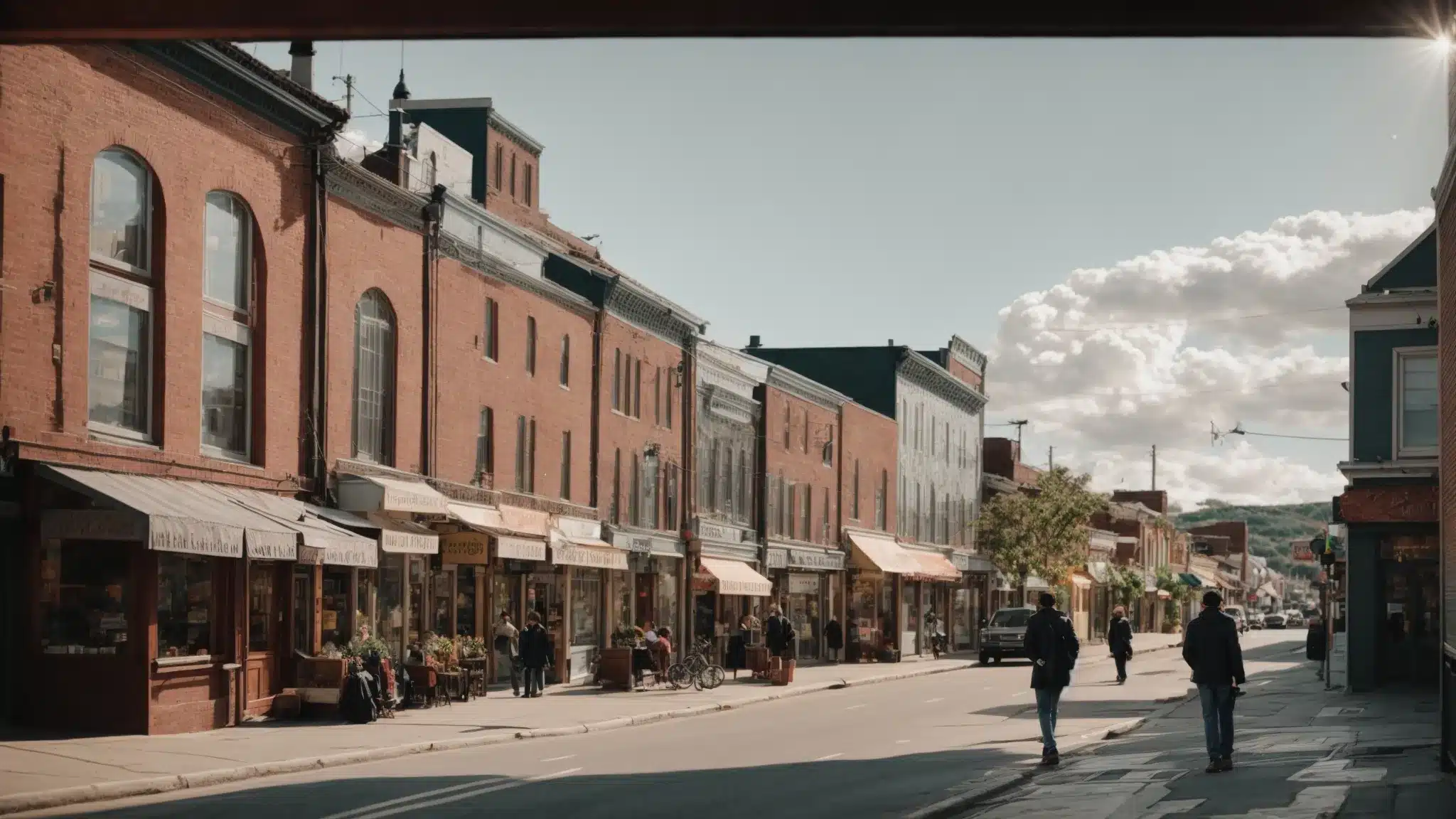 a bustling small town street with various visible storefronts and a person browsing on a smartphone.