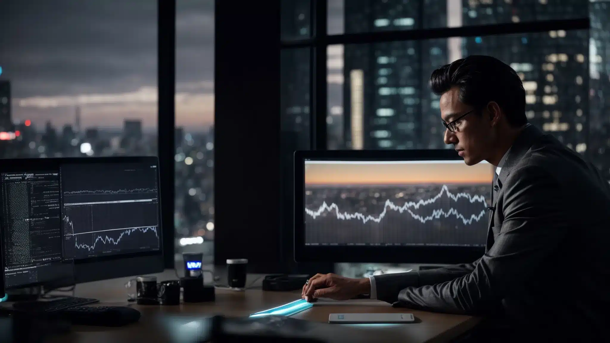A Marketer Analyzing Seo Data On A Computer Screen With A City Skyline In The Background.